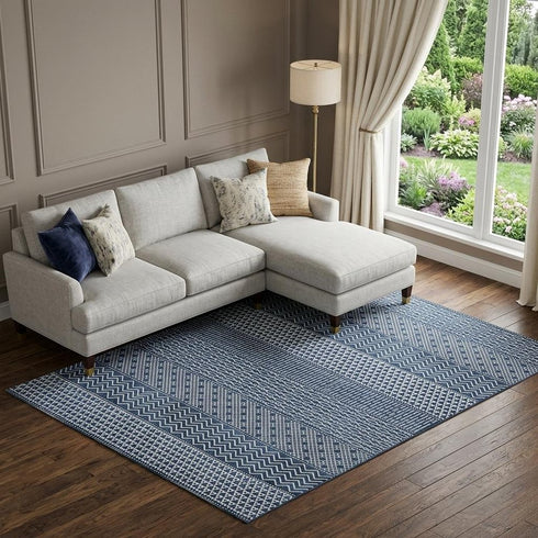 9' X 12' Navy Blue And Ivory Striped Washable Area Rug With UV Protection