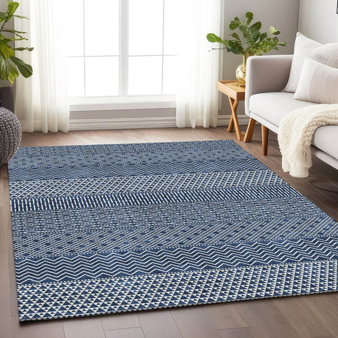 9' X 12' Navy Blue And Ivory Striped Washable Area Rug With UV Protection