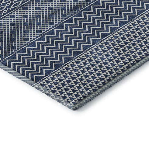 9' X 12' Navy Blue And Ivory Striped Washable Area Rug With UV Protection