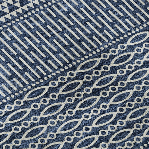 9' X 12' Navy Blue And Ivory Striped Washable Area Rug With UV Protection