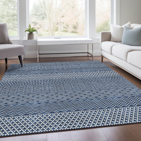 9' X 12' Navy Blue And Ivory Striped Washable Area Rug With UV Protection
