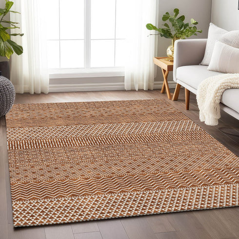 9' X 12' Rust And Ivory Striped Washable Area Rug With UV Protection