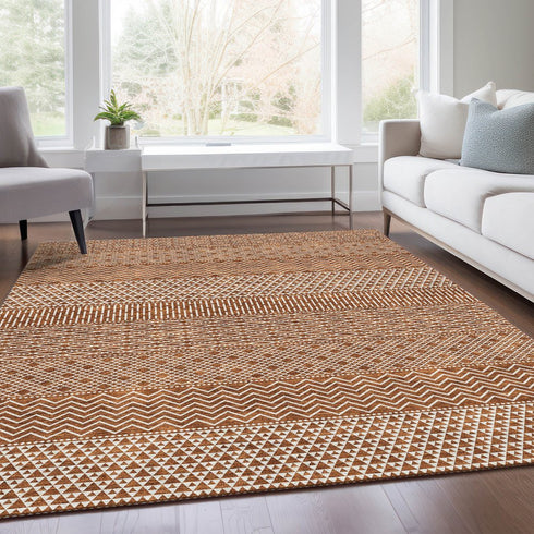 9' X 12' Rust And Ivory Striped Washable Area Rug With UV Protection