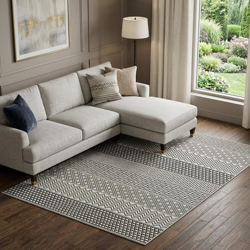 8' X 10' White And Black Striped Washable Area Rug With UV Protection