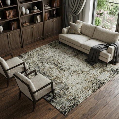 8' X 10' Black And Ivory Abstract Washable Area Rug With UV Protection