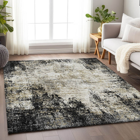 9' X 12' Black And Ivory Abstract Washable Area Rug With UV Protection
