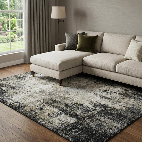 9' X 12' Black And Ivory Abstract Washable Area Rug With UV Protection