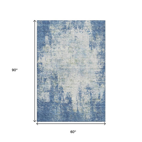 5' X 8' Denim Blue And Ivory Abstract Washable Area Rug With UV Protection