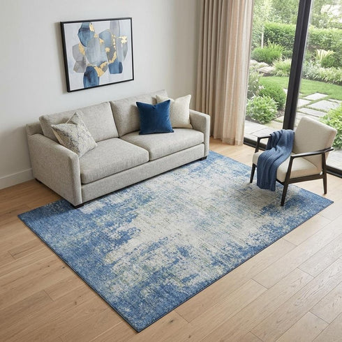 5' X 8' Denim Blue And Ivory Abstract Washable Area Rug With UV Protection