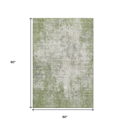 5' X 8' Green And Ivory Abstract Washable Area Rug With UV Protection