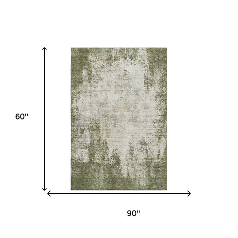 5' X 8' Olive Green And Ivory Abstract Washable Area Rug With UV Protection