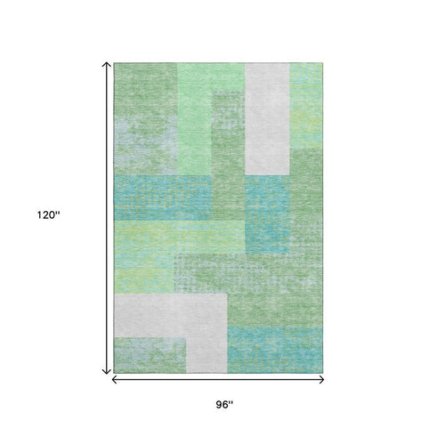 8' X 10' Artichoke Green Teal And Ivory Geometric Washable Area Rug With UV Protection