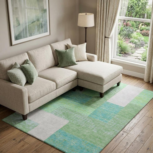 8' X 10' Artichoke Green Teal And Ivory Geometric Washable Area Rug With UV Protection