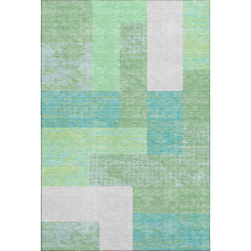 8' X 10' Artichoke Green Teal And Ivory Geometric Washable Area Rug With UV Protection