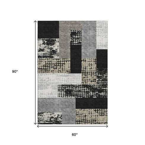 5' X 8' Black Ivory And Beige Geometric Washable Area Rug With UV Protection
