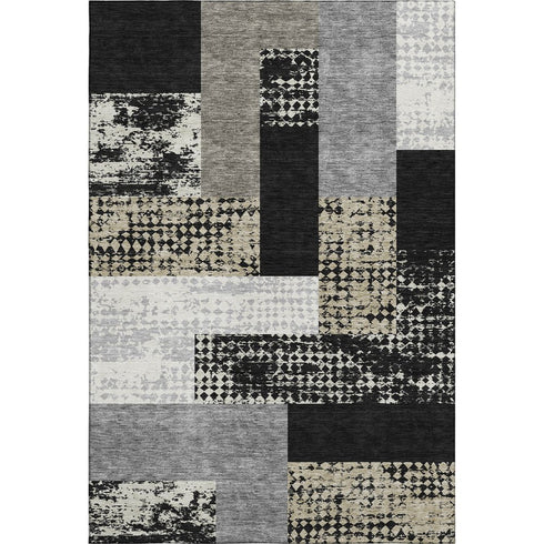 5' X 8' Black Ivory And Beige Geometric Washable Area Rug With UV Protection