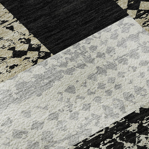 5' X 8' Black Ivory And Beige Geometric Washable Area Rug With UV Protection
