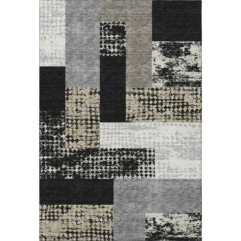 5' X 8' Black Ivory And Beige Geometric Washable Area Rug With UV Protection