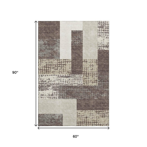 5' X 8' Brown Ivory And Beige Geometric Washable Area Rug With UV Protection