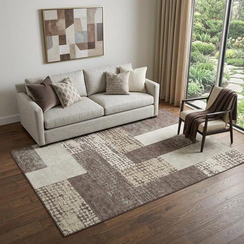 5' X 8' Brown Ivory And Beige Geometric Washable Area Rug With UV Protection