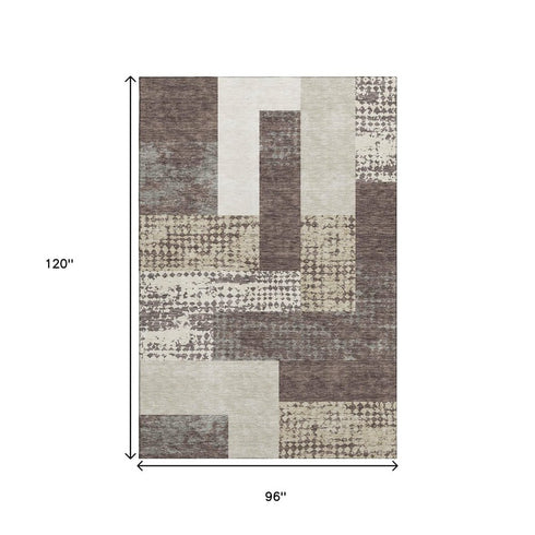 8' X 10' Brown Ivory And Beige Geometric Washable Area Rug With UV Protection