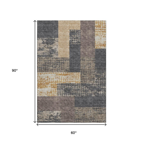 5' X 8' Coffee Gold And Ivory Geometric Washable Area Rug With UV Protection