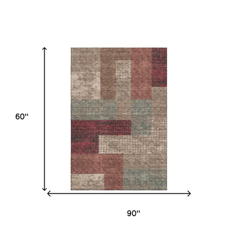 5' X 8' Coffee And Merlot Geometric Washable Area Rug With UV Protection