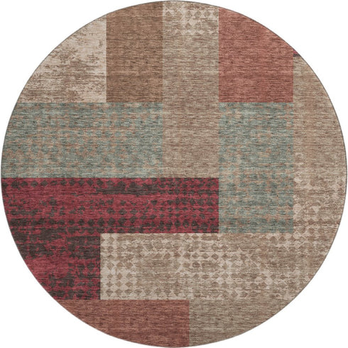 8' Coffee And Merlot Geometric Washable Round Rug With UV Protection