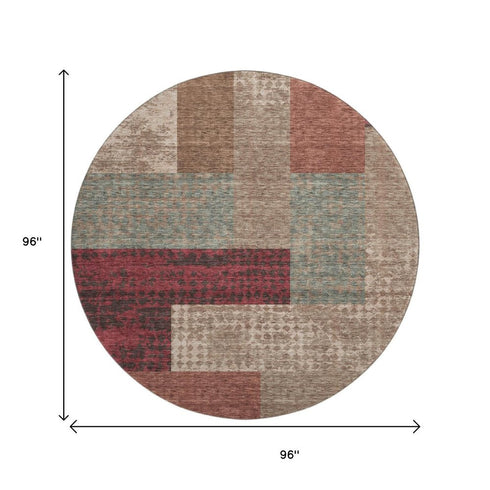 8' Coffee And Merlot Geometric Washable Round Rug With UV Protection