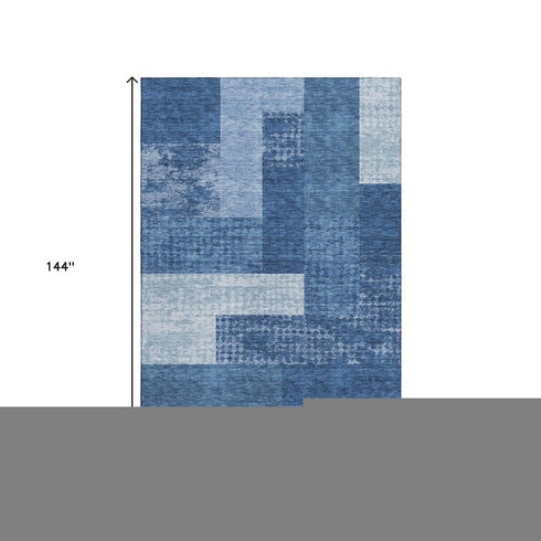 9' X 12' Navy Blue And Ivory Geometric Washable Area Rug With UV Protection