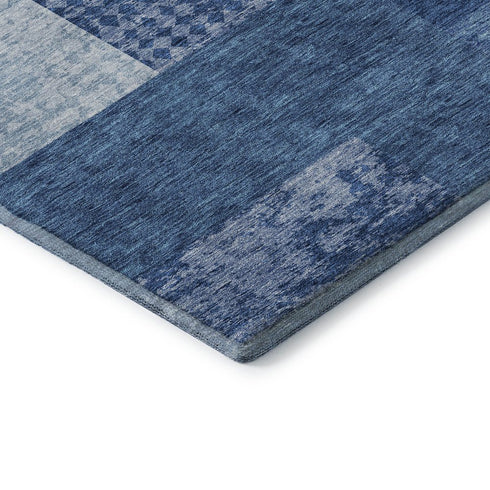 9' X 12' Navy Blue And Ivory Geometric Washable Area Rug With UV Protection