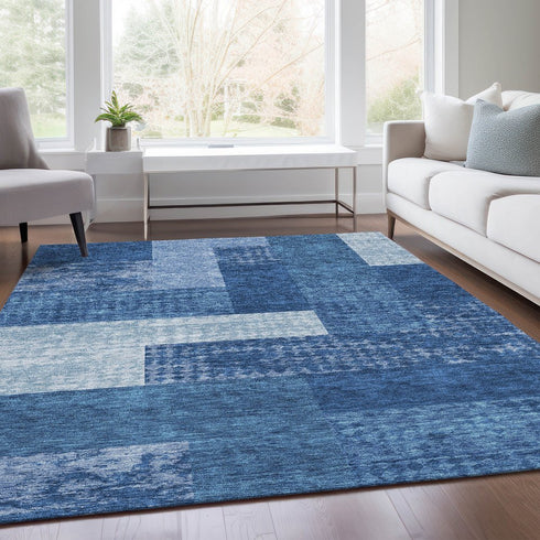 9' X 12' Navy Blue And Ivory Geometric Washable Area Rug With UV Protection