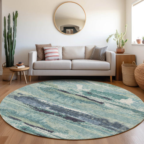 8' Artichoke Green Teal And Ivory Abstract Washable Round Rug With UV Protection