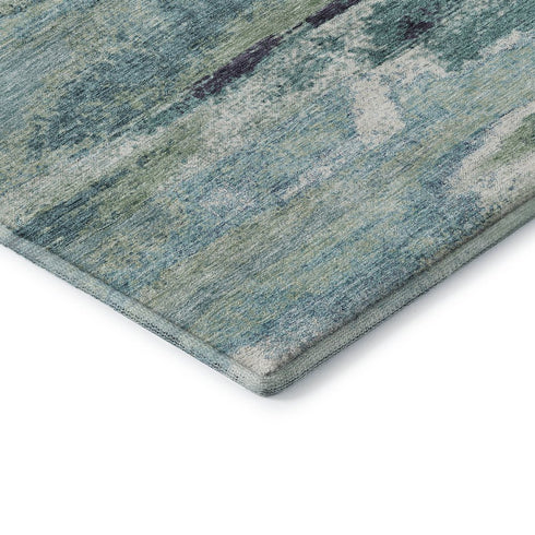 8' Artichoke Green Teal And Ivory Abstract Washable Round Rug With UV Protection