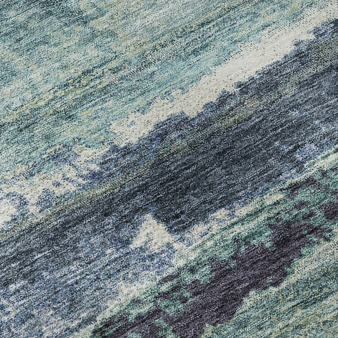 8' Artichoke Green Teal And Ivory Abstract Washable Round Rug With UV Protection