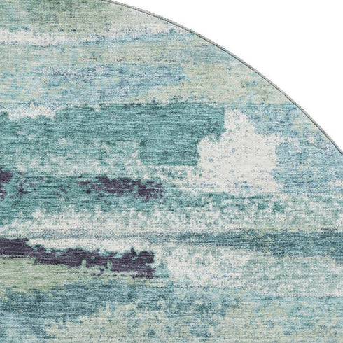 8' Artichoke Green Teal And Ivory Abstract Washable Round Rug With UV Protection