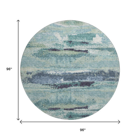 8' Artichoke Green Teal And Ivory Abstract Washable Round Rug With UV Protection