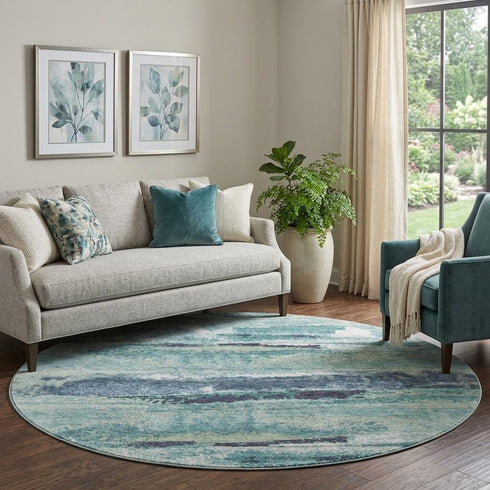 8' Artichoke Green Teal And Ivory Abstract Washable Round Rug With UV Protection