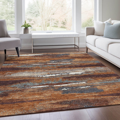 8' X 10' Copper Ivory And Gray Abstract Washable Area Rug With UV Protection