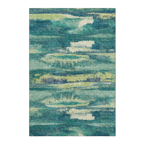 5' X 8' Emerald Ivory And Teal Abstract Washable Area Rug With UV Protection