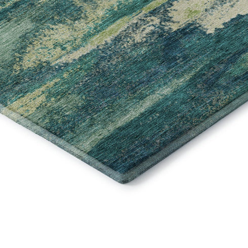 5' X 8' Emerald Ivory And Teal Abstract Washable Area Rug With UV Protection