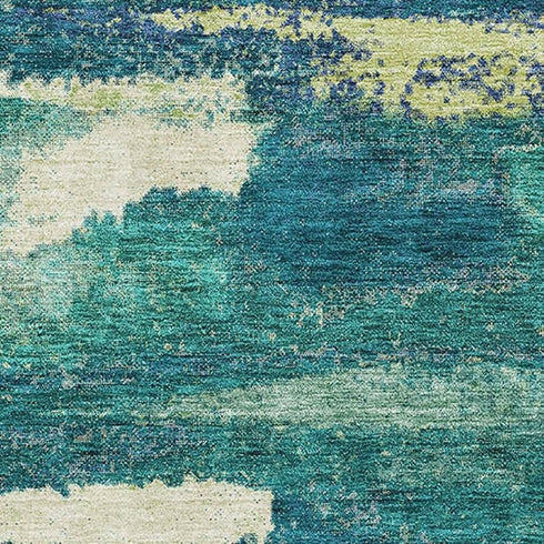 5' X 8' Emerald Ivory And Teal Abstract Washable Area Rug With UV Protection