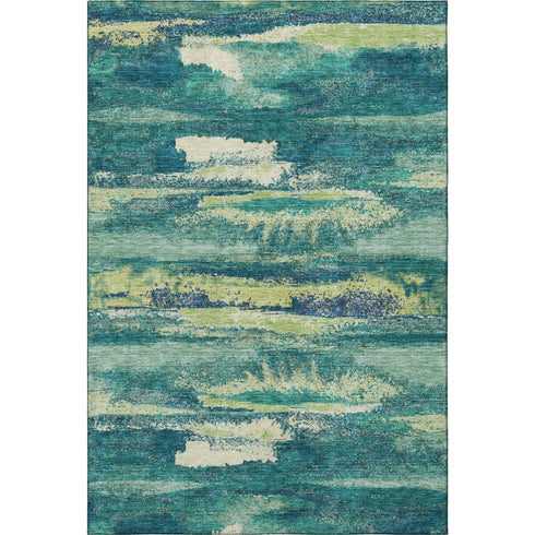 5' X 8' Emerald Ivory And Teal Abstract Washable Area Rug With UV Protection