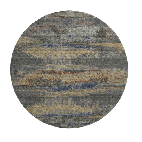 8' Graphite Gold And Blue Abstract Washable Round Rug With UV Protection