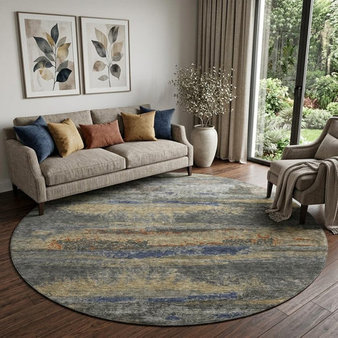 8' Graphite Gold And Blue Abstract Washable Round Rug With UV Protection