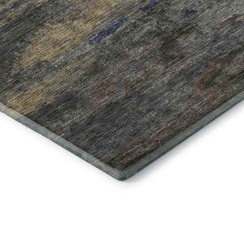 8' Graphite Gold And Blue Abstract Washable Round Rug With UV Protection