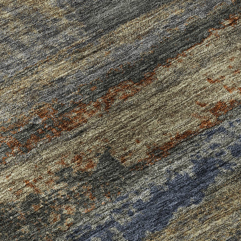 8' Graphite Gold And Blue Abstract Washable Round Rug With UV Protection