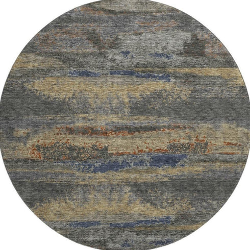 8' Graphite Gold And Blue Abstract Washable Round Rug With UV Protection