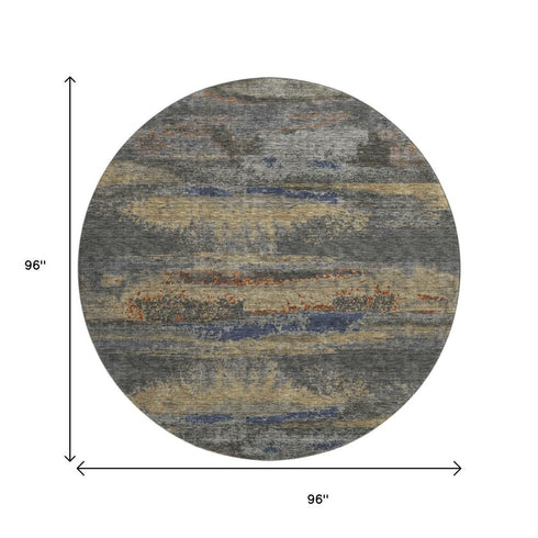 8' Graphite Gold And Blue Abstract Washable Round Rug With UV Protection