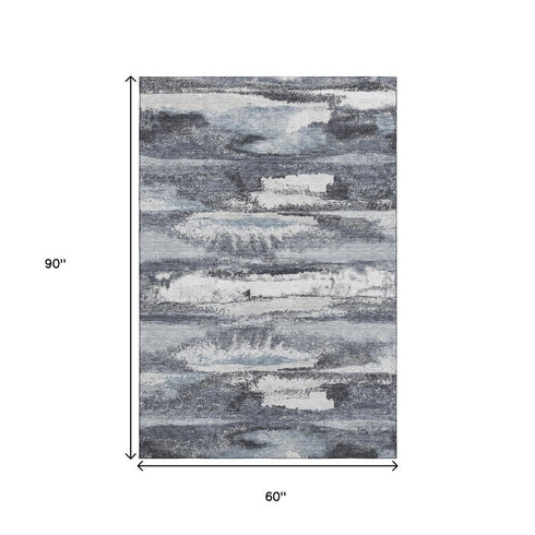 5' X 8' Gray And Ivory Abstract Washable Area Rug With UV Protection